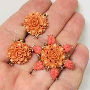 Vintage Coro Coral Celluloid Molded Roses Brooch and Earrings Rare
